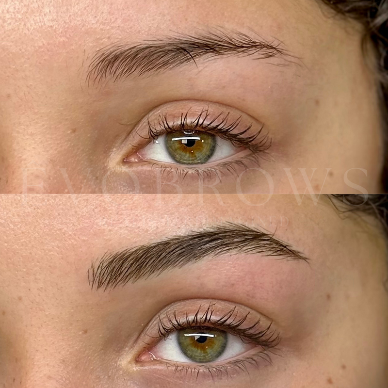 before and after nano brows on female client at Êvo Orlando.